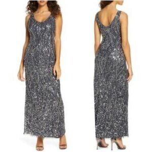 Pisarro Nights Dress 12 Gray Silver Sequin Beaded Wedding Party Formal NEW $268